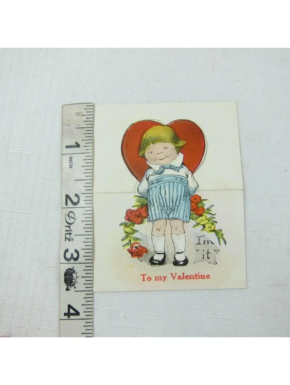 Vintage Valentine Cutout Card Stand Up Blonde Boy w/ Flowers 1920s-30s UNSIGNED